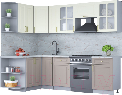 Кухонный гарнитур Интерлиния Мила Шато 1.5x2.5 левая (белый/луна/серый каспий) - фото