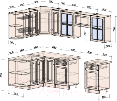 Кухонный гарнитур Интерлиния Мила Шато 1.5x2.5 левая (белый/луна/серый каспий)