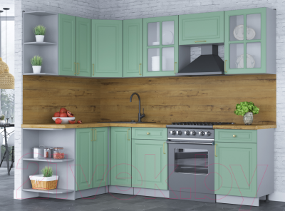 Кухонный гарнитур Интерлиния Мила Шато 1.5x2.5 левая (мята/мята/дуб бунратти)