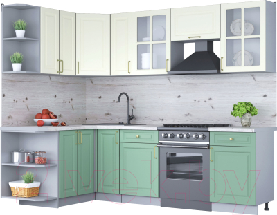 Кухонный гарнитур Интерлиния Мила Шато 1.5x2.5 левая (белый/мята/бискайская сосна) - фото