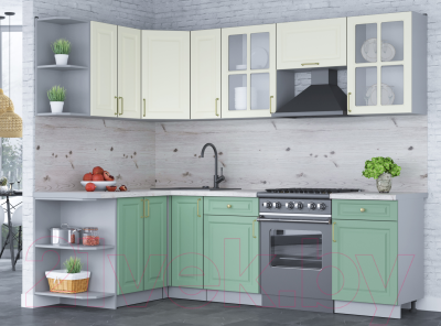 Кухонный гарнитур Интерлиния Мила Шато 1.5x2.5 левая (белый/мята/бискайская сосна)