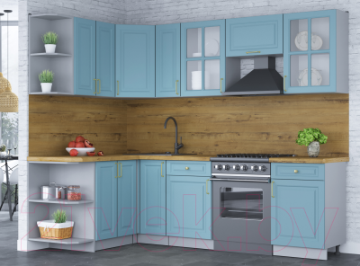 Кухонный гарнитур Интерлиния Мила Шато 1.5x2.5 левая (океан/океан/дуб бунратти)