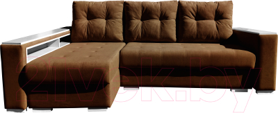 Диван угловой Bobrovmebel Влада 8/2дн левый накладки + полка и пенал (микровелюр симпл 45 коричневый) - фото