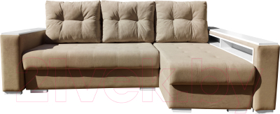 Диван угловой Bobrovmebel Влада 8/2дн правый накладки + полка и пенал (микровелюр симпл 42 бежевый) - фото