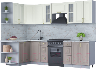 Кухонный гарнитур Интерлиния Мила Шато 1.5x2.8 левая (белый/луна/серый каспий) - фото