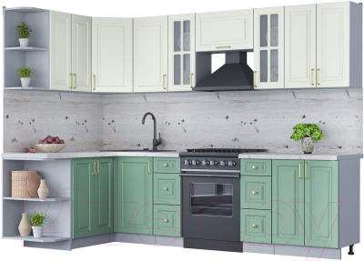 Кухонный гарнитур Интерлиния Мила Шато 1.5x2.8 левая (белый/мята/бискайская сосна) - фото