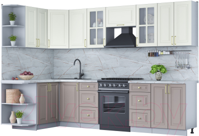 Кухонный гарнитур Интерлиния Мила Шато 1.5x3.0 левая (белый/луна/серый каспий) - фото