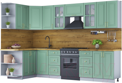Кухонный гарнитур Интерлиния Мила Шато 1.5x3.0 левая (мята/мята/дуб бунратти) - фото