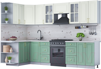 Кухонный гарнитур Интерлиния Мила Шато 1.5x3.0 левая (белый/мята/бискайская сосна) - фото
