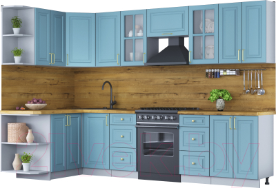 Кухонный гарнитур Интерлиния Мила Шато 1.5x3.0 левая (океан/океан/дуб бунратти) - фото