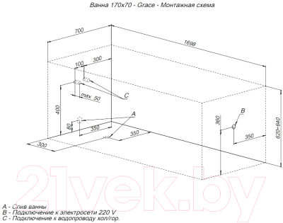 Ванна акриловая Aquanet Grace 170x70