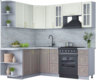 Кухонный гарнитур Интерлиния Мила Шато 1.7x2.1 левая (белый/луна/серый каспий) - фото