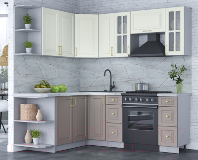 Кухонный гарнитур Интерлиния Мила Шато 1.7x2.1 левая (белый/луна/серый каспий)