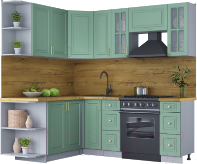 Кухонный гарнитур Интерлиния Мила Шато 1.7x2.1 левая (мята/мята/дуб бунратти) - фото