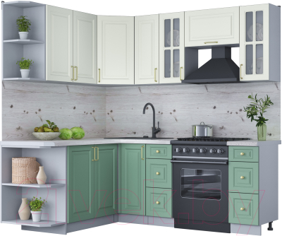 Кухонный гарнитур Интерлиния Мила Шато 1.7x2.1 левая (белый/мята/бискайская сосна) - фото