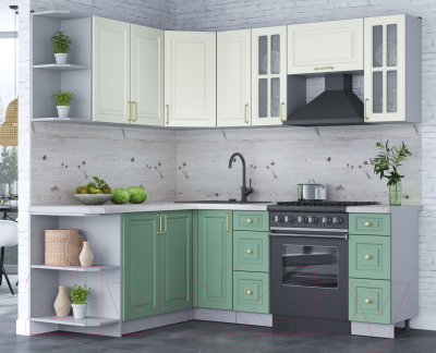 Кухонный гарнитур Интерлиния Мила Шато 1.7x2.1 левая (белый/мята/бискайская сосна)