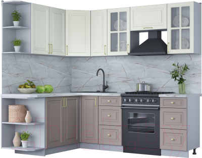Кухонный гарнитур Интерлиния Мила Шато 1.7x2.3 левая (белый/луна/серый каспий) - фото