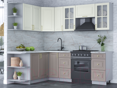 Кухонный гарнитур Интерлиния Мила Шато 1.7x2.3 левая (белый/луна/серый каспий)