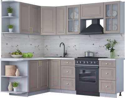 Кухонный гарнитур Интерлиния Мила Шато 1.7x2.3 левая (луна/луна/бискайская сосна) - фото