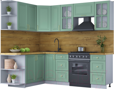 Кухонный гарнитур Интерлиния Мила Шато 1.7x2.3 левая (мята/мята/дуб бунратти) - фото