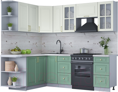 Кухонный гарнитур Интерлиния Мила Шато 1.7x2.3 левая (белый/мята/бискайская сосна) - фото