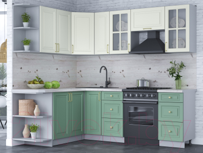 Кухонный гарнитур Интерлиния Мила Шато 1.7x2.3 левая (белый/мята/бискайская сосна)