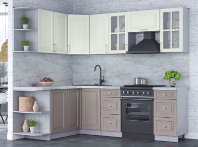 Кухонный гарнитур Интерлиния Мила Шато 1.7x2.4 левая (белый/луна/серый каспий)