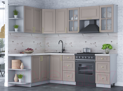 Кухонный гарнитур Интерлиния Мила Шато 1.7x2.4 левая (луна/луна/бискайская сосна)