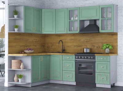 Кухонный гарнитур Интерлиния Мила Шато 1.7x2.4 левая (мята/мята/дуб бунратти)