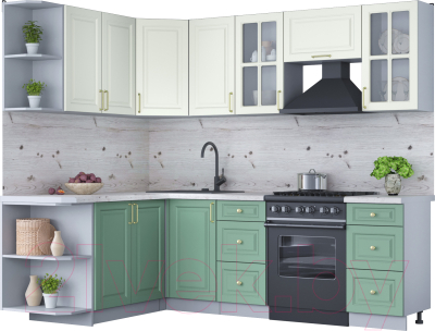 Кухонный гарнитур Интерлиния Мила Шато 1.7x2.4 левая (белый/мята/бискайская сосна) - фото