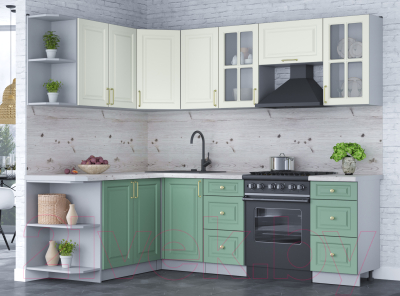 Кухонный гарнитур Интерлиния Мила Шато 1.7x2.4 левая (белый/мята/бискайская сосна)