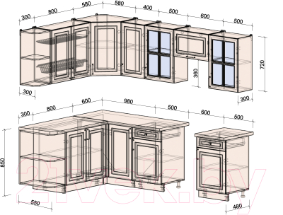 Кухонный гарнитур Интерлиния Мила Шато 1.7x2.6 левая (белый/луна/серый каспий)