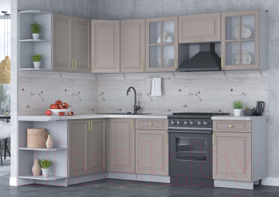 Кухонный гарнитур Интерлиния Мила Шато 1.7x2.6 левая (луна/луна/бискайская сосна)