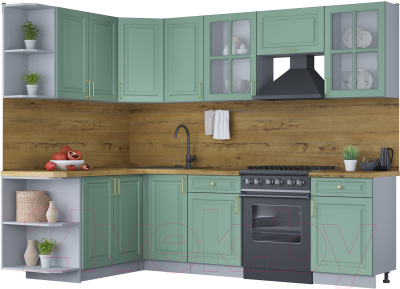 Кухонный гарнитур Интерлиния Мила Шато 1.7x2.6 левая (мята/мята/дуб бунратти) - фото