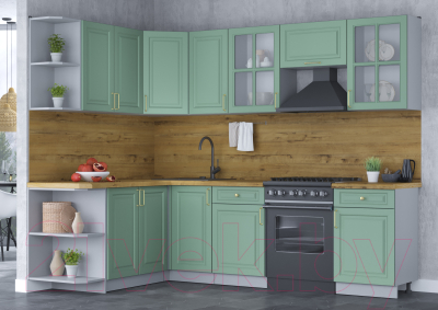 Кухонный гарнитур Интерлиния Мила Шато 1.7x2.6 левая (мята/мята/дуб бунратти)