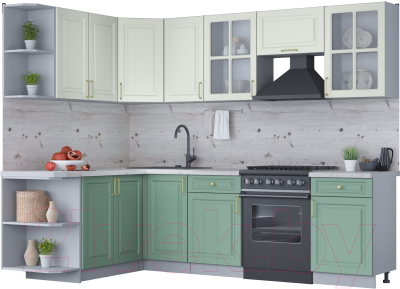 Кухонный гарнитур Интерлиния Мила Шато 1.7x2.6 левая (белый/мята/бискайская сосна) - фото
