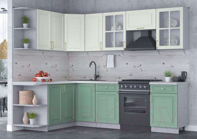 Кухонный гарнитур Интерлиния Мила Шато 1.7x2.6 левая (белый/мята/бискайская сосна)