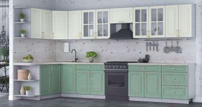 Кухонный гарнитур Интерлиния Мила Шато 1.7x3.8 левая (белый/мята/бискайская сосна)