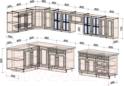 Кухонный гарнитур Интерлиния Мила Шато 1.7x3.8 левая (белый/мята/бискайская сосна)