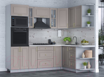 Кухонный гарнитур Интерлиния Мила Шато 1.68x2.4 ВТ правая (луна/луна/бискайская сосна)