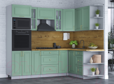 Кухонный гарнитур Интерлиния Мила Шато 1.68x2.4 ВТ правая (мята/мята/дуб бунратти)