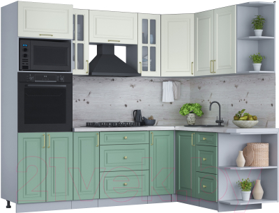 Кухонный гарнитур Интерлиния Мила Шато 1.68x2.4 ВТ правая (белый/мята/бискайская сосна) - фото
