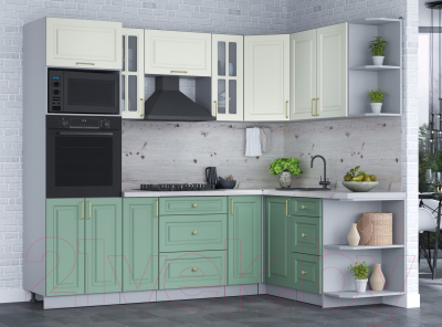 Кухонный гарнитур Интерлиния Мила Шато 1.68x2.4 ВТ правая (белый/мята/бискайская сосна)