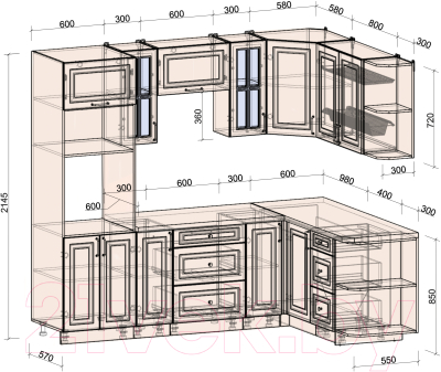 Кухонный гарнитур Интерлиния Мила Шато 1.68x2.4 ВТ правая (пепел/пепел/опал светлый)