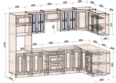 Кухонный гарнитур Интерлиния Мила Шато 1.68x3.0 ВТ правая (луна/луна/бискайская сосна)