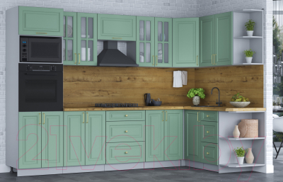 Кухонный гарнитур Интерлиния Мила Шато 1.68x3.0 ВТ правая (мята/мята/дуб бунратти)