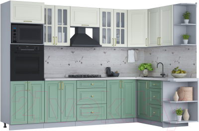 Кухонный гарнитур Интерлиния Мила Шато 1.68x3.0 ВТ правая (белый/мята/бискайская сосна) - фото