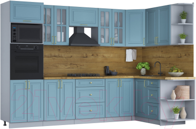 Кухонный гарнитур Интерлиния Мила Шато 1.68x3.0 ВТ правая (океан/океан/дуб бунратти) - фото