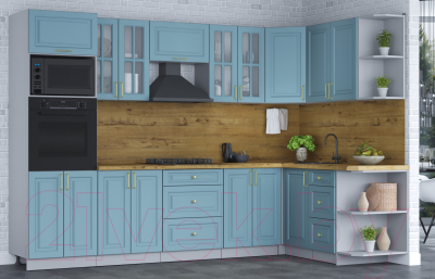 Кухонный гарнитур Интерлиния Мила Шато 1.68x3.0 ВТ правая (океан/океан/дуб бунратти)