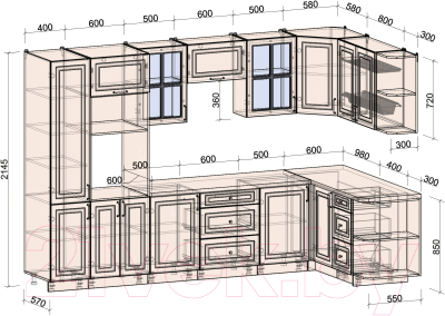 Готовая кухня Интерлиния Мила Шато 1.68x3.2 ВТ правая